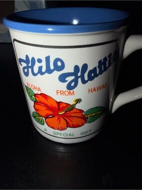 Hilo Hattie White Mug with Blue Rim and Orange Hibiscus